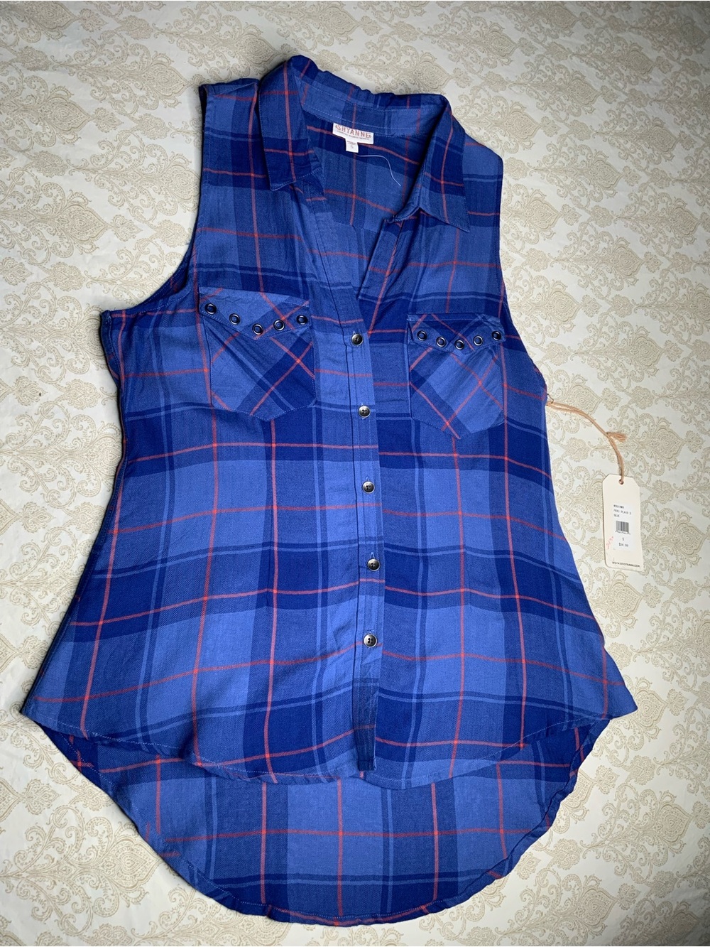 Shyanne Plaid Sleeveless Button Down Western Top Blue Small NWT